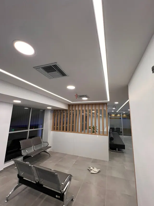 Zona de atención al público con focos empotrados y luz lineal